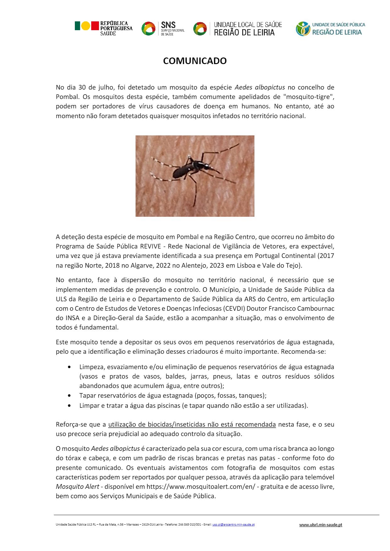 Imagem Comunicado da Direção Geral Saúde sobre mosquito da espécie Aedes albopictus no concelho de Pombal